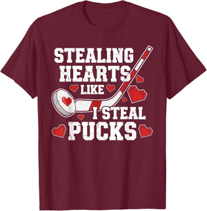 Stealing Hearts Like I Steal Pucks Valentine's Day Hockey T-Shirt - T-Shirt | Maroon