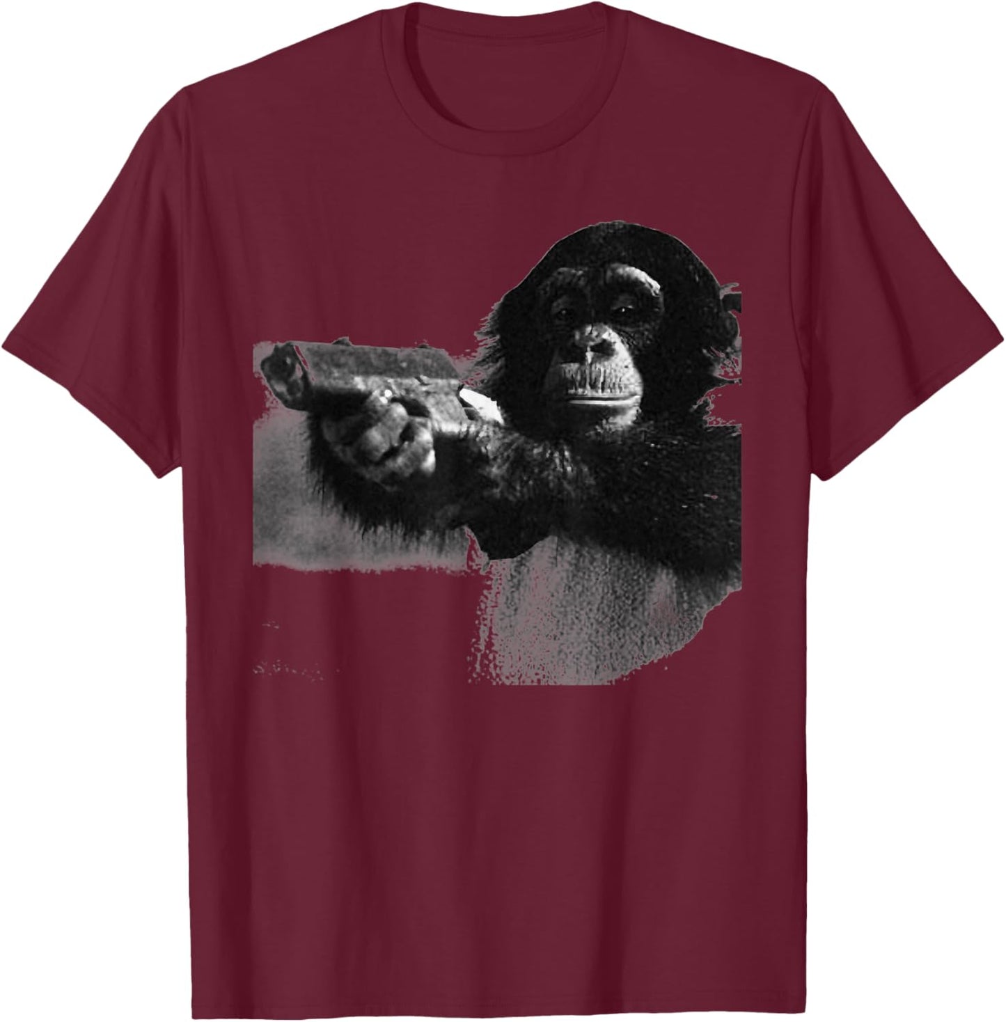 Vintage Chimpanzees with Gun Funny Monkey Meme T-Shirt - T-Shirt | Maroon