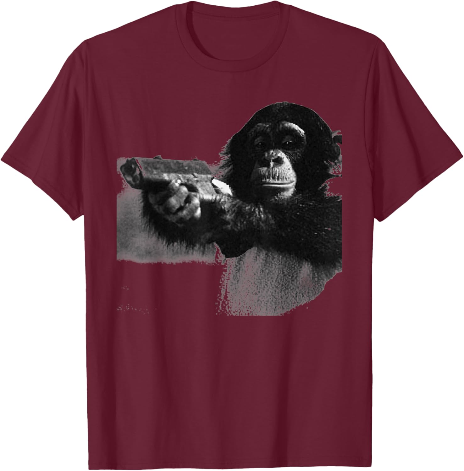 Vintage Chimpanzees with Gun Funny Monkey Meme T-Shirt - T-Shirt | Maroon