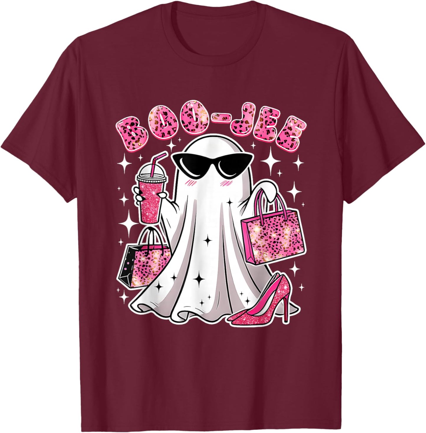 Pink Leopard Boo JEE Boujee Coffee Ghost Halloween T-Shirt - T-Shirt | Maroon