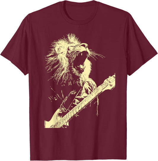 Lion with Guitar Rocker Guitarist Animal Punk Grunge Graphic T-Shirt - T-Shirt | Maroon