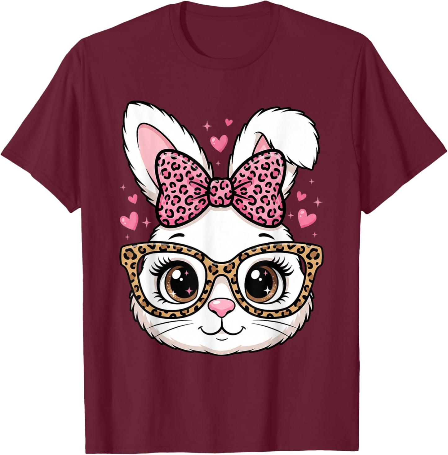 Cute Easter Rabbit Face Leopard Bow Sunglasses Bunny Girls T-Shirt - T-Shirt | Maroon