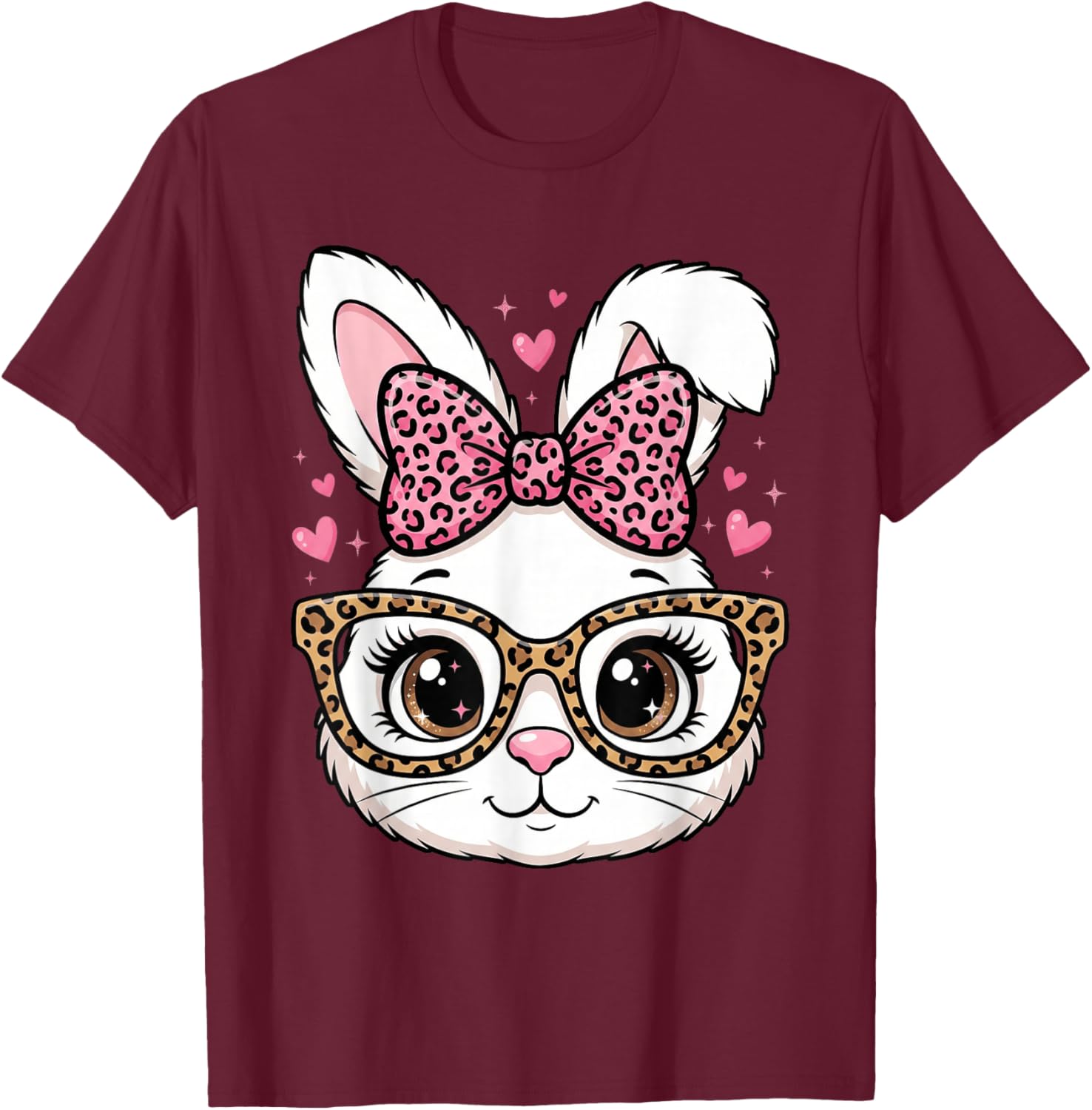 Cute Easter Rabbit Face Leopard Bow Sunglasses Bunny Girls T-Shirt - T-Shirt | Maroon