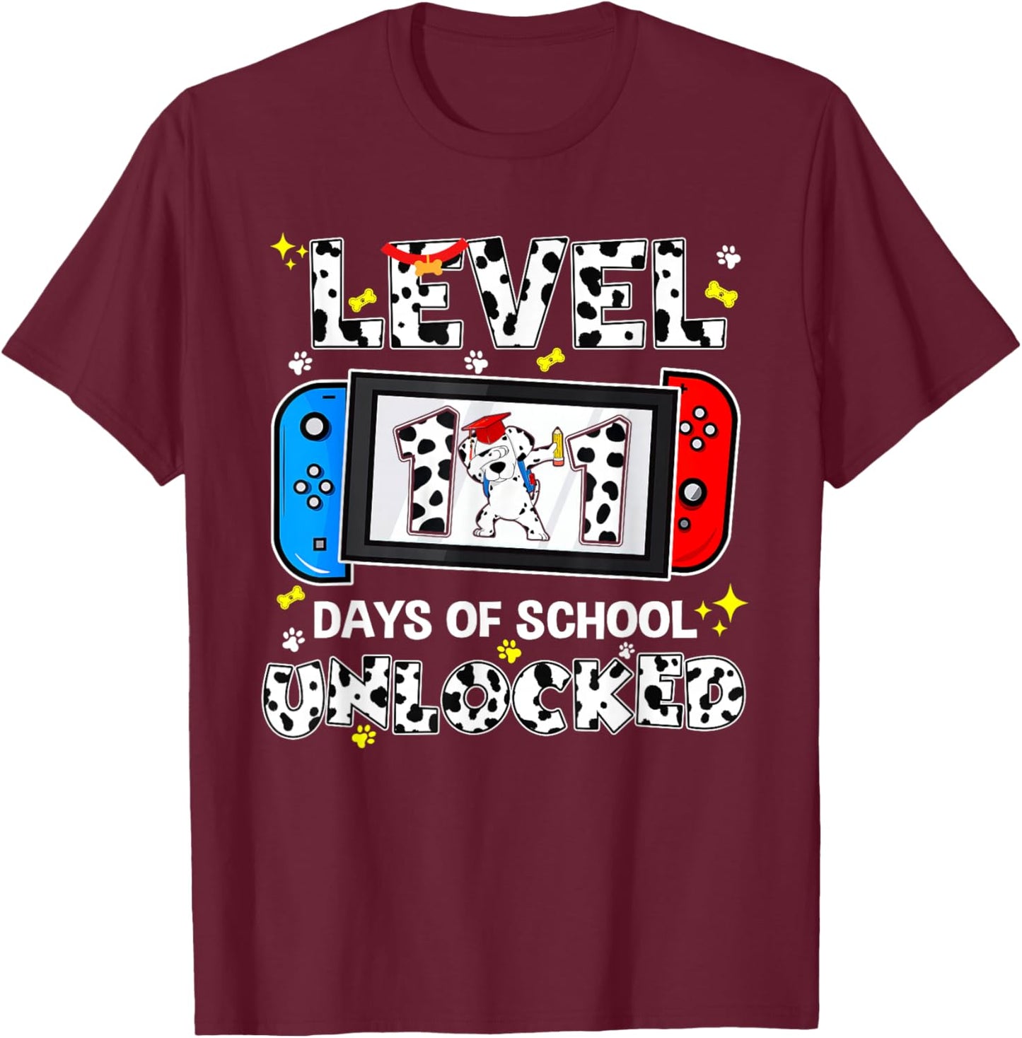 Level Unlocked 100 Days School 101 Days Game Controller T-Shirt - T-Shirt | Maroon
