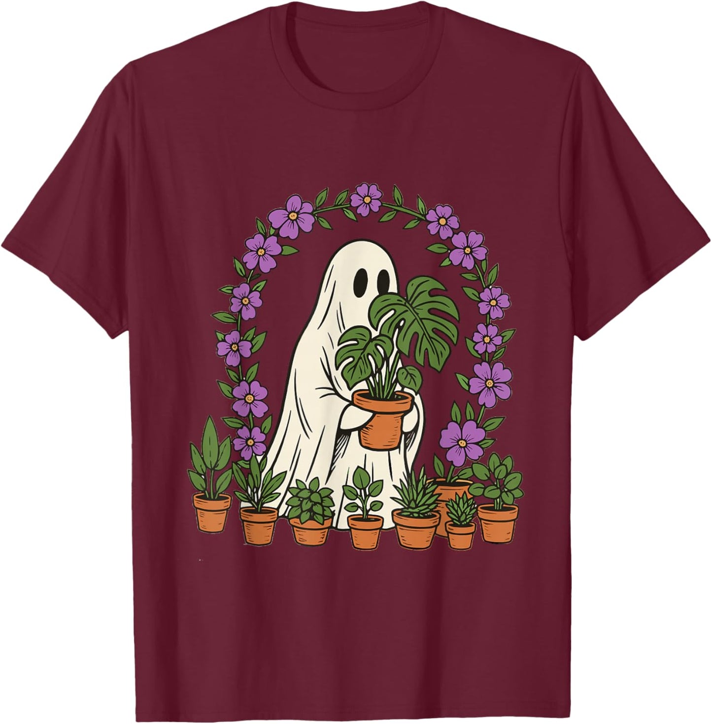 Funny Cute Ghost Monstera Spooky Plant Lover T-Shirt - T-Shirt | Maroon