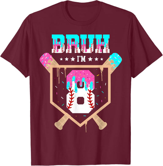 Baseball 8 Year Old Ice Cream Drip 8th Birthday Boys Player T-Shirt - T-Shirt | Maroon