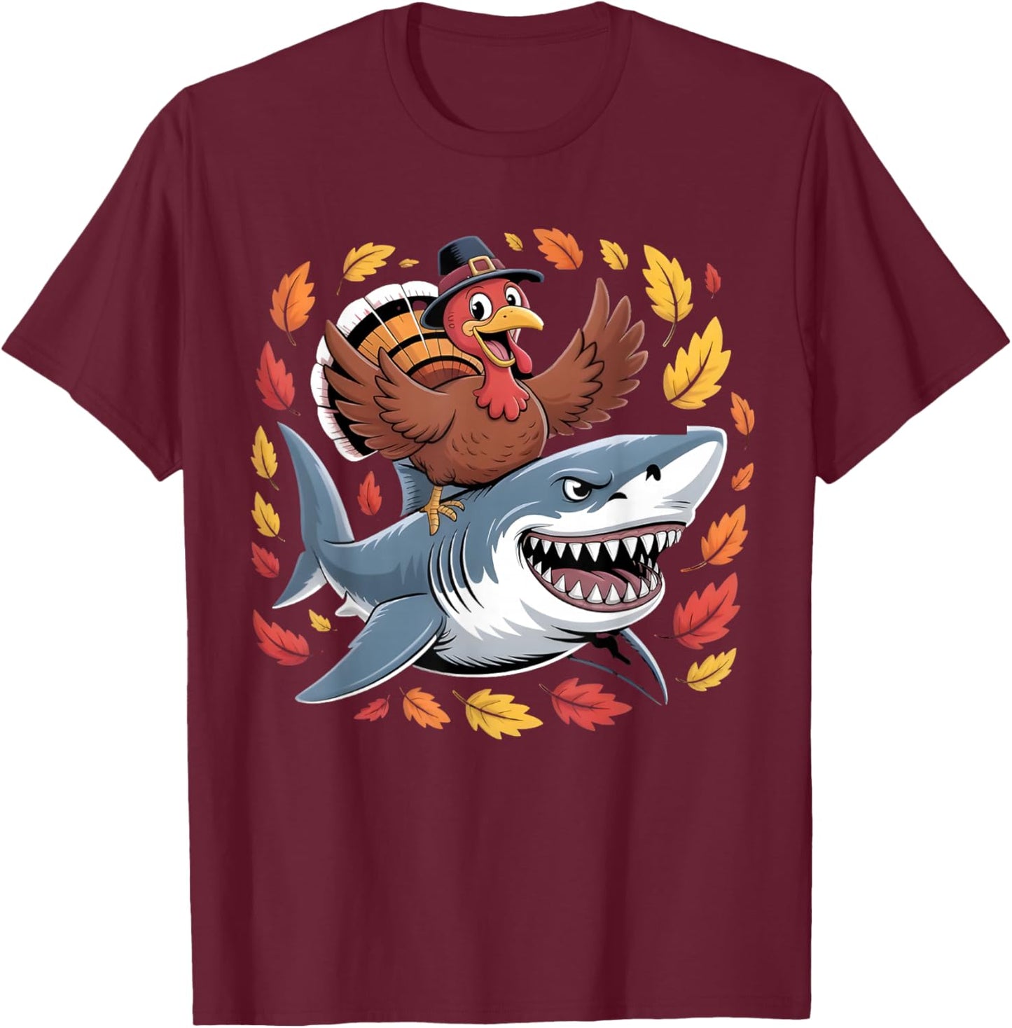 Thanksgiving Turkey Riding Shark Funny Autumn Boys Kids T-Shirt - T-Shirt | Maroon