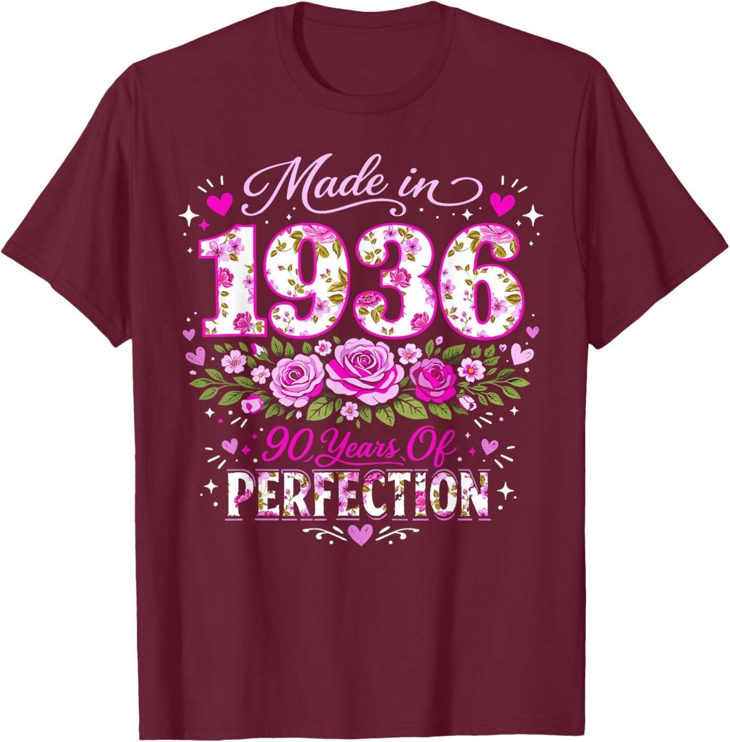 90 Year Old Made 1936 Floral 90th Birthday Women T-Shirt - T-Shirt | Maroon