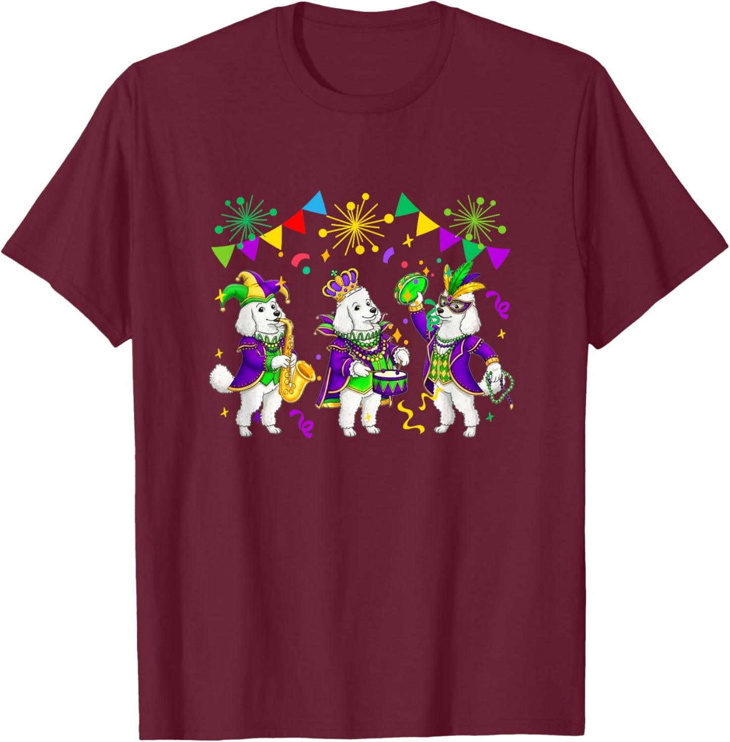 Three Cute Poodles Mardi Gras Masked Beads Funny Parades T-Shirt - T-Shirt | Maroon