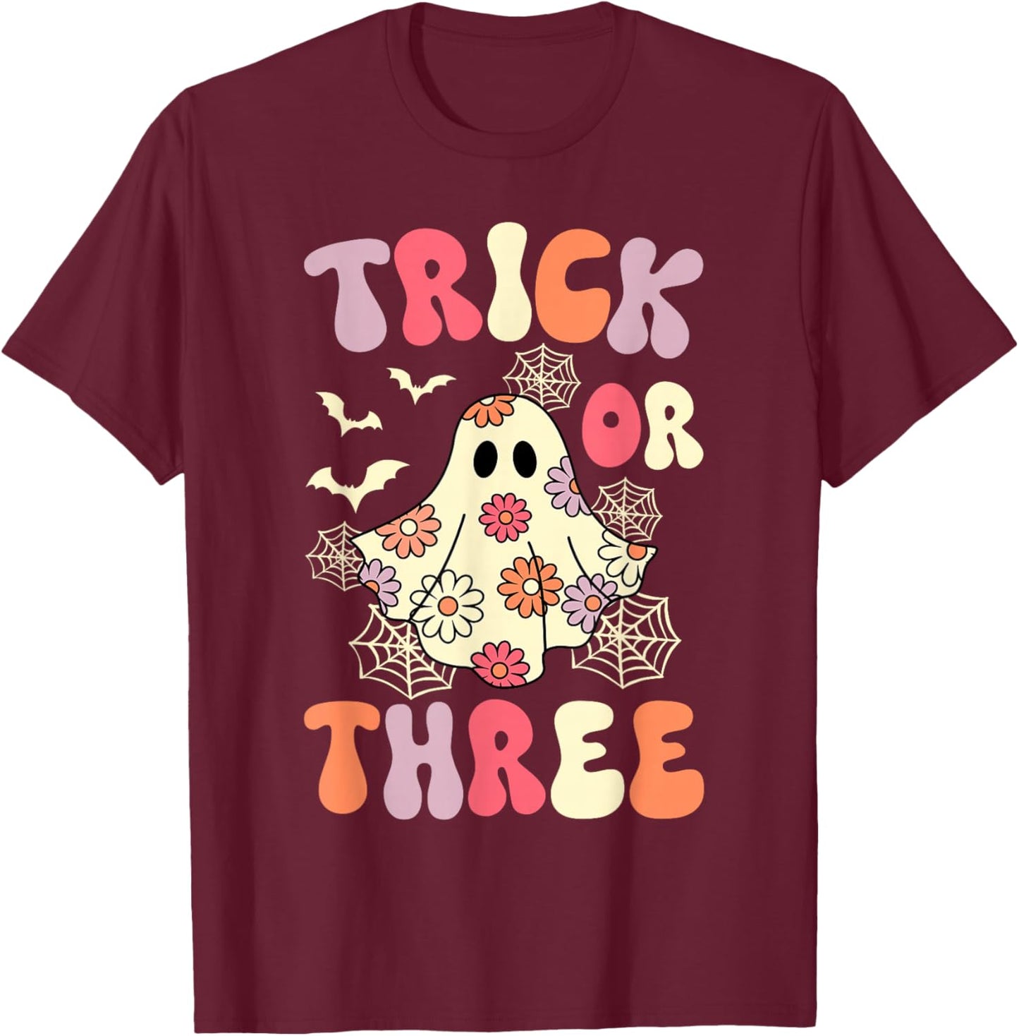 Trick Or Three 3 Years Old Birthday Groovy Ghost Halloween T-Shirt - T-Shirt | Maroon