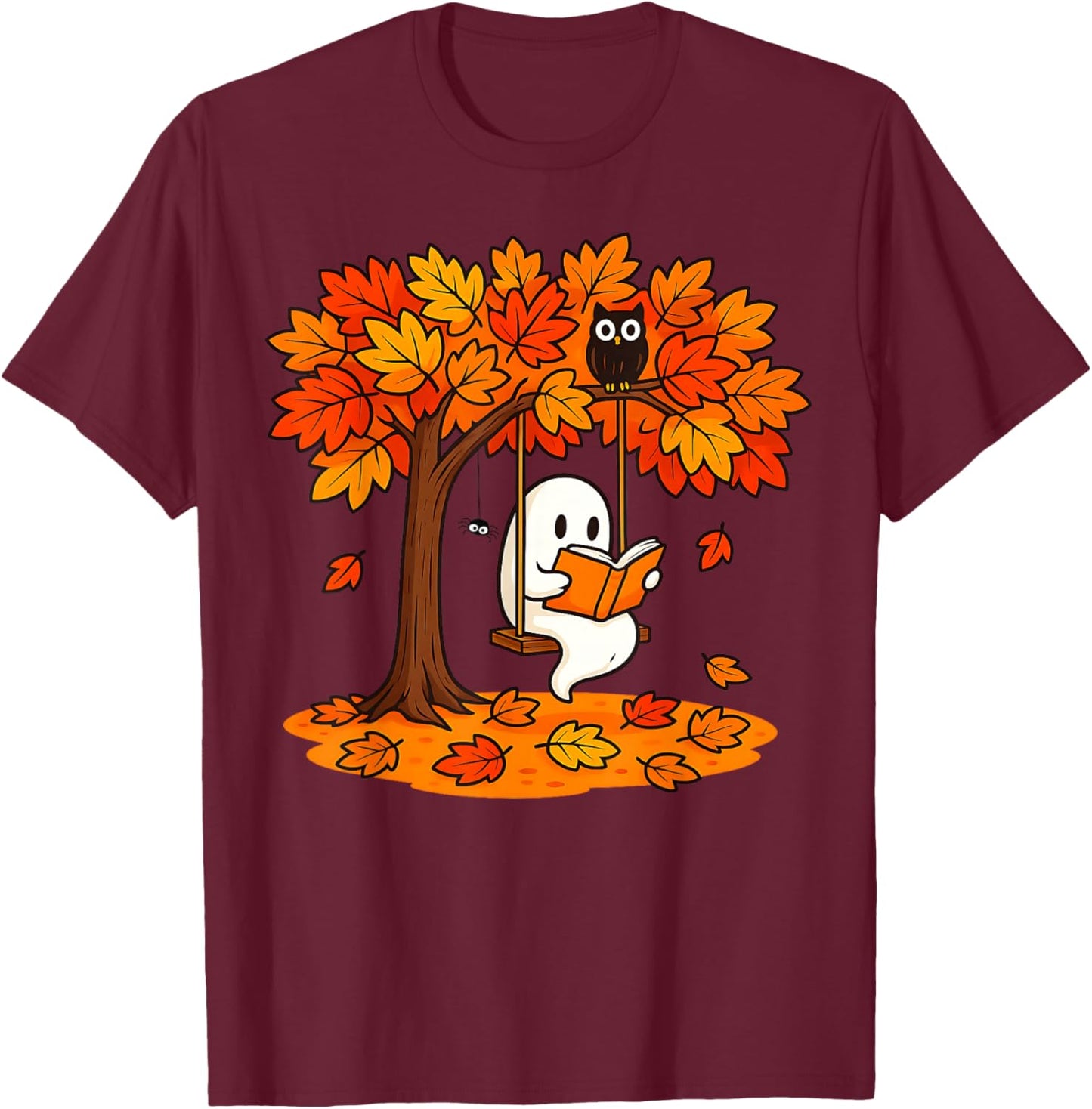 Cute Ghost Reading Book Swinging Autumn & Halloween Readers T-Shirt - T-Shirt | Maroon