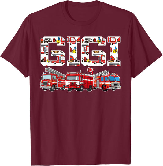 Gigi Birthday Boy Fire Truck Firefighter First Birthday T-Shirt - T-Shirt | Maroon