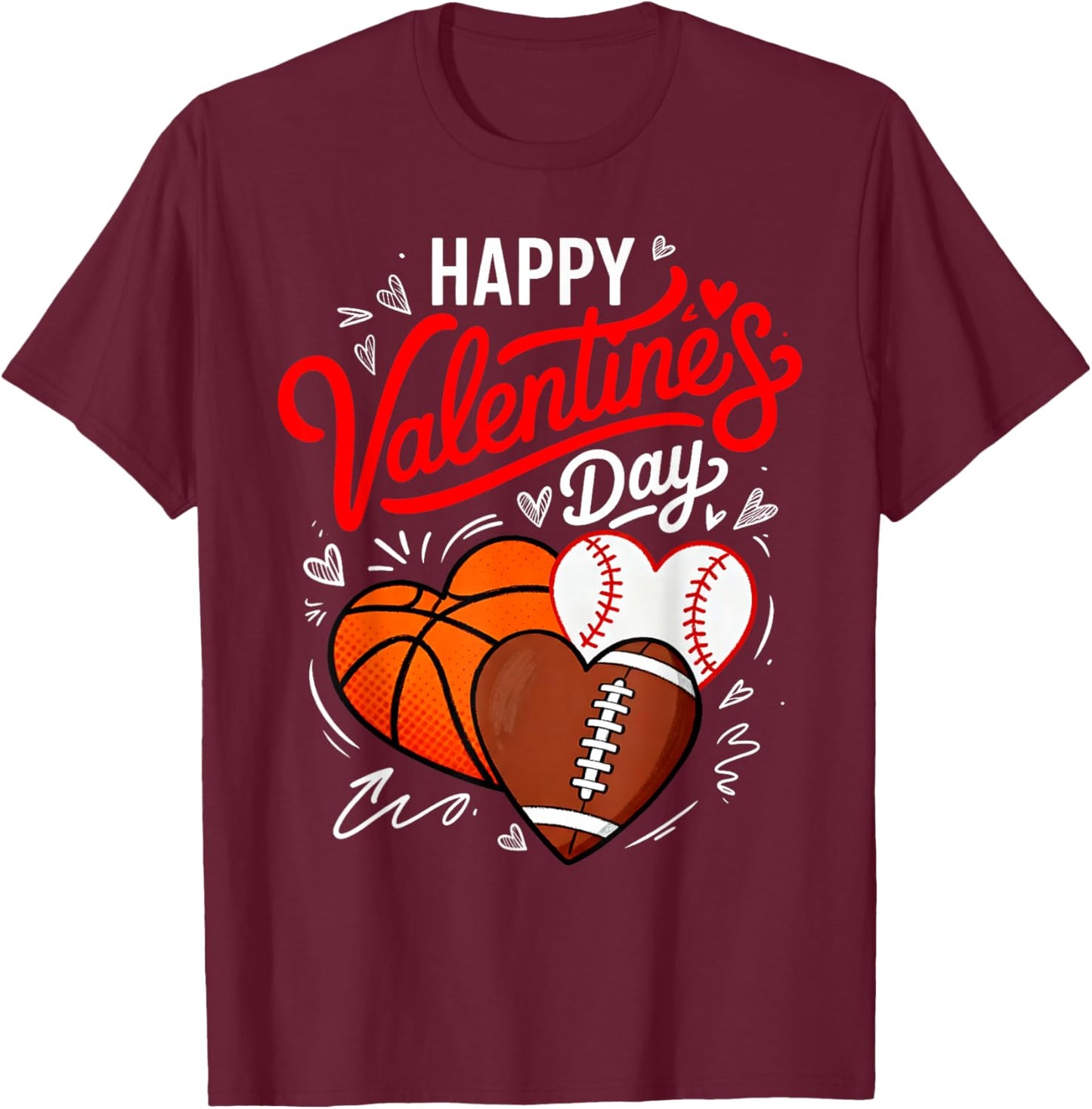 Happy Valentines Day Basketball Baseball Football Boys T-Shirt - T-Shirt | Maroon