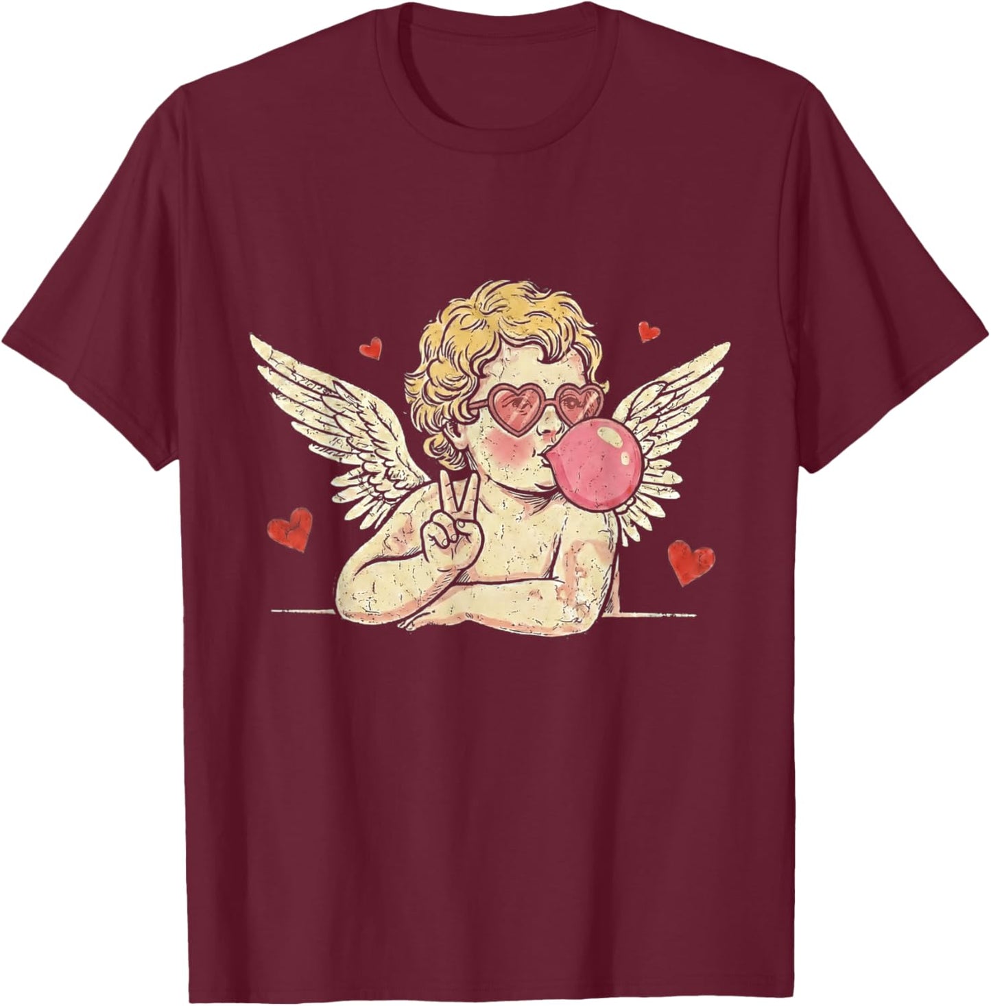 Retro Vintage Valentine Day Peace Sign Cupid Blowing Bubble T-Shirt - T-Shirt | Maroon