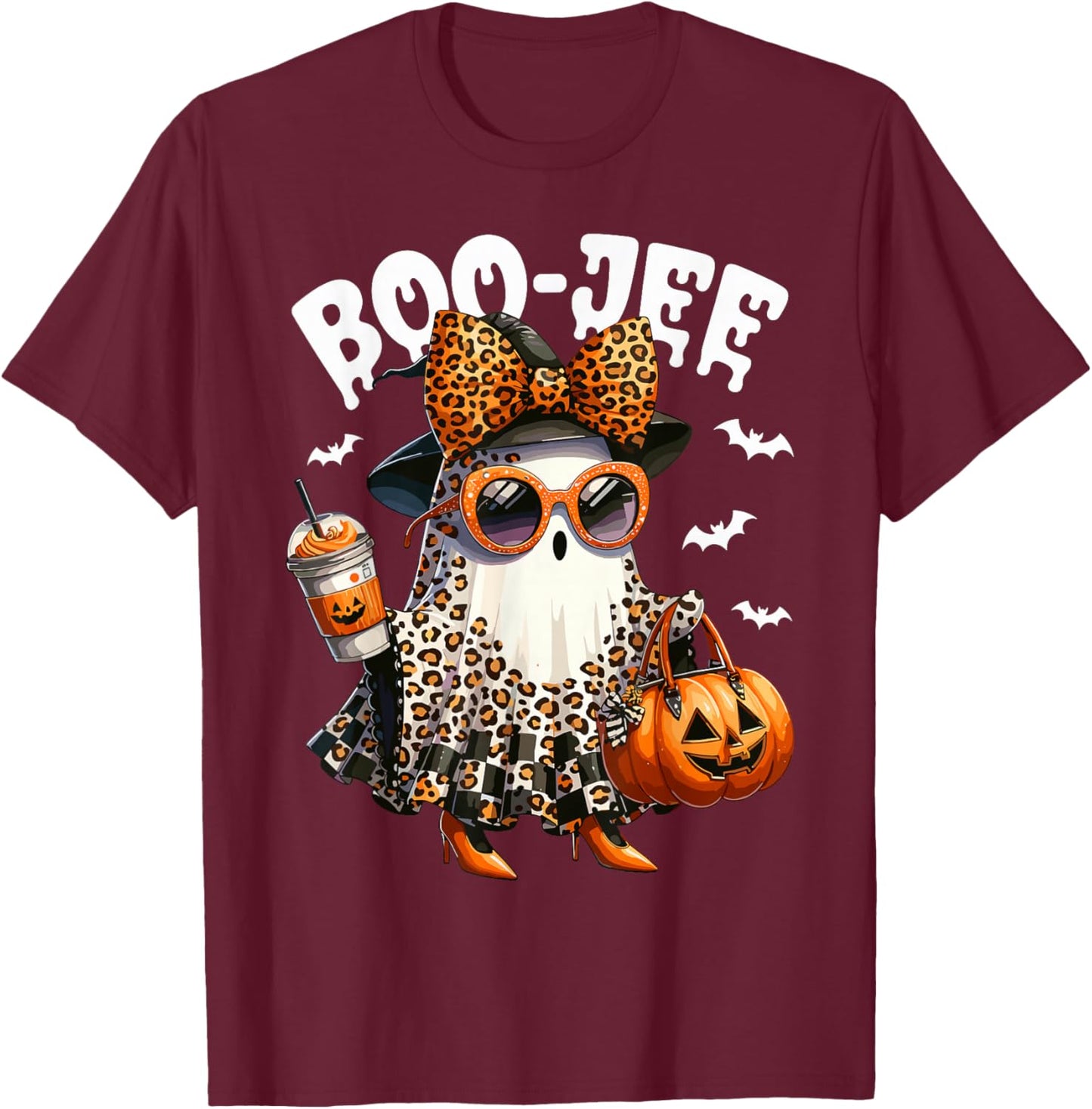 Boo JEE Ghost Boojee Leopard Bow Spooky Vibes Halloween T-Shirt - T-Shirt | Maroon