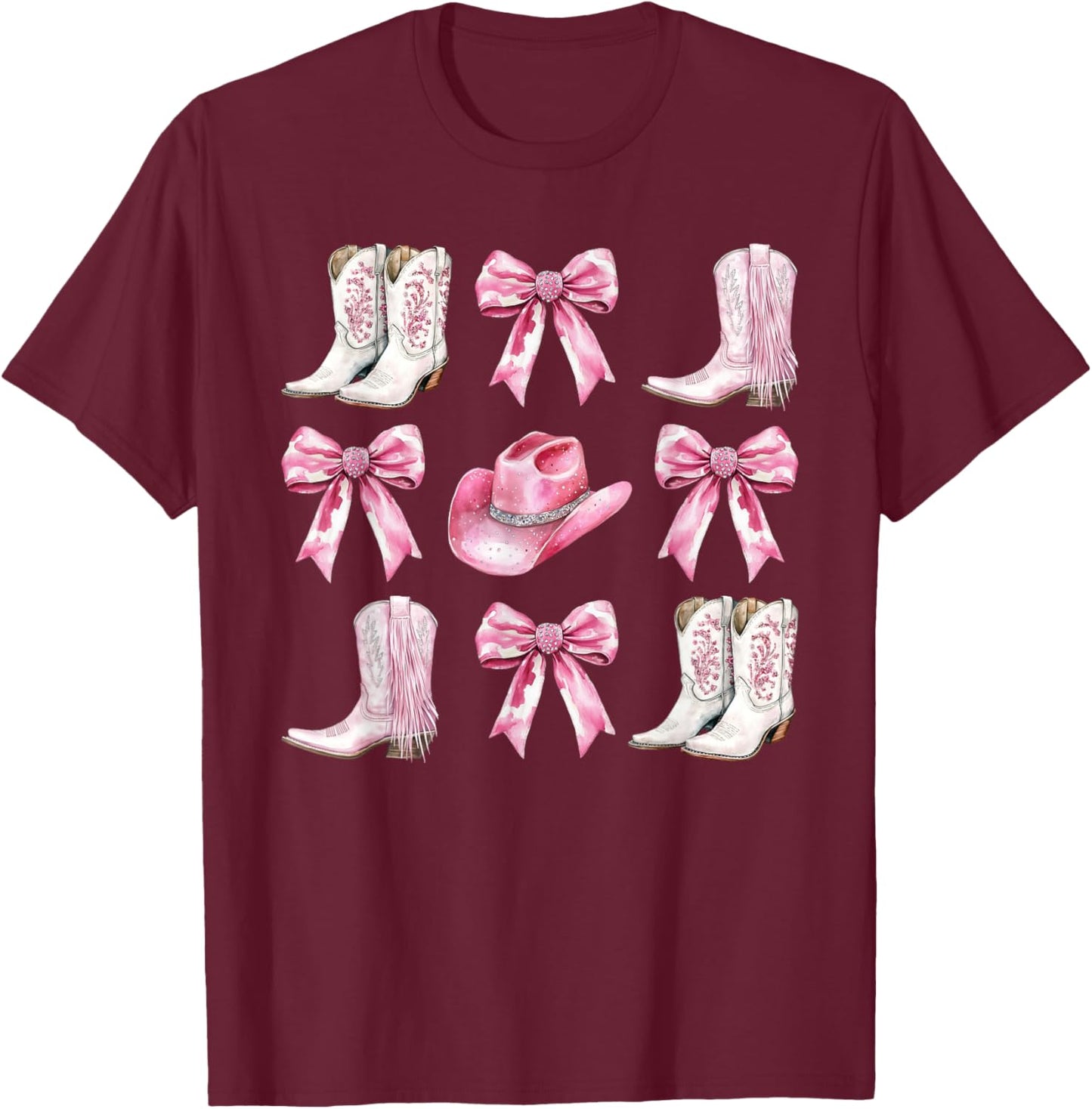 Coquette Pink Bow Boot Hat Western Country Rodeo Cowgirl T-Shirt - T-Shirt | Maroon