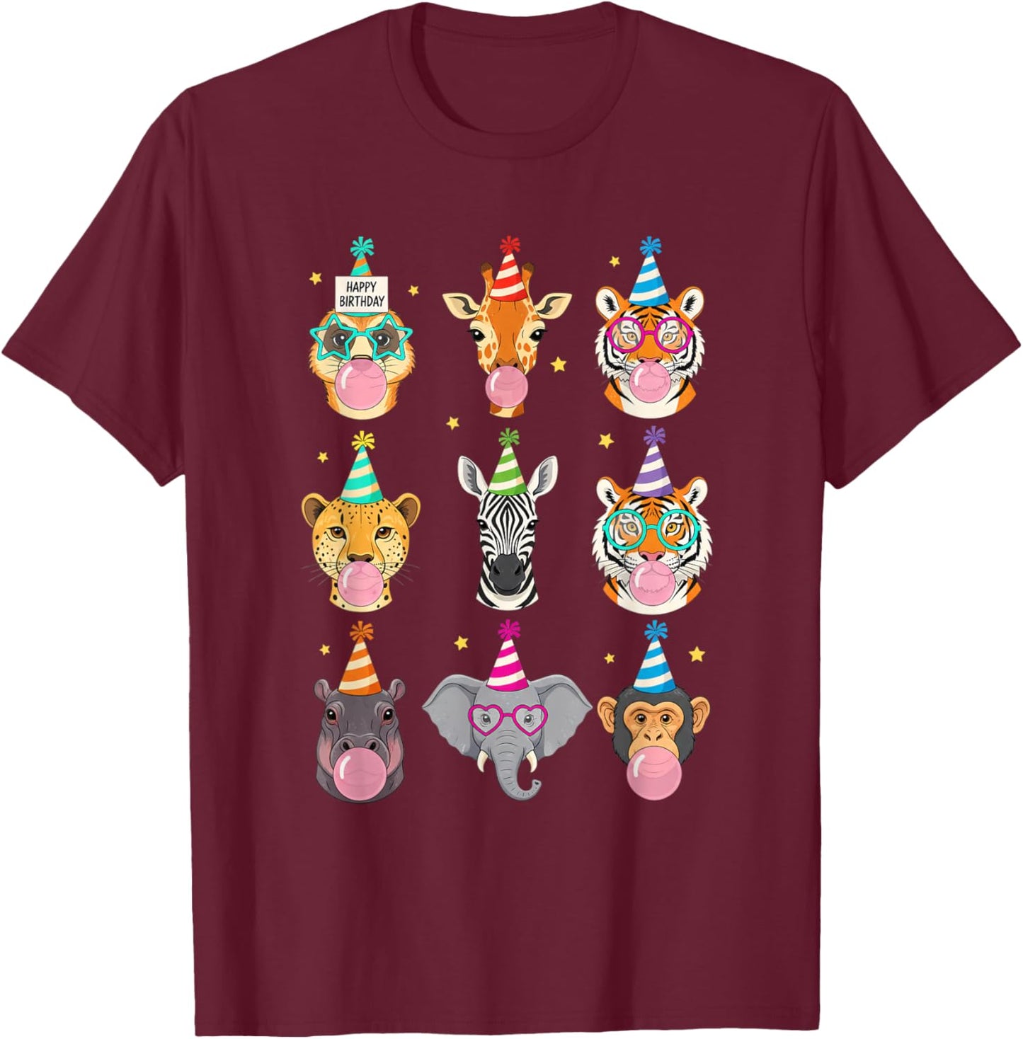 Happy Birthday Jungle Animals Bubble Gum Party for Kids T-Shirt - T-Shirt | Maroon