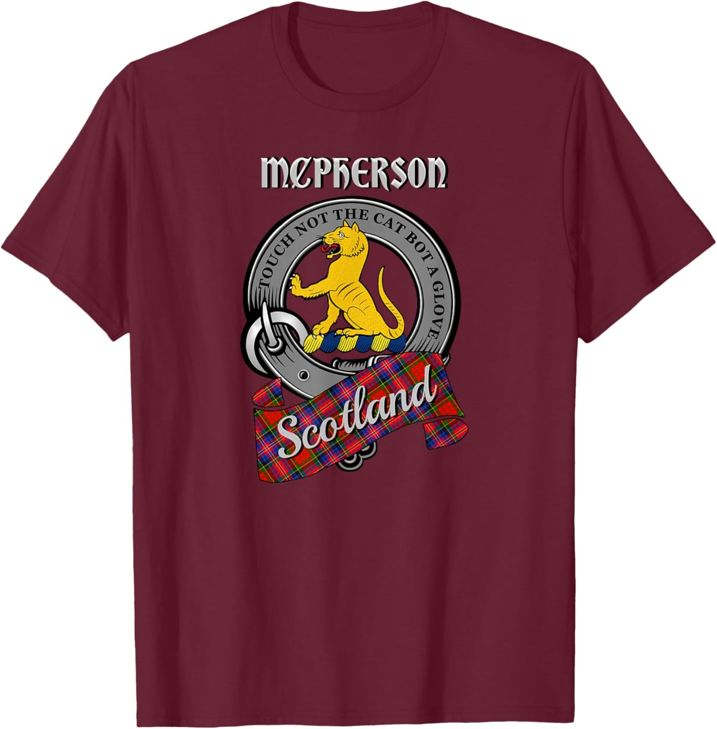 McPherson Scottish Clan Badge & Tartan T-Shirt - T-Shirt | Maroon
