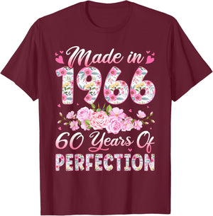 60 Year Old Made in 1966 Birthday Floral 60th Birthday Women T-Shirt - T-Shirt | Maroon