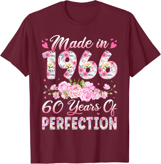 60 Year Old Made in 1966 Birthday Floral 60th Birthday Women T-Shirt - T-Shirt | Maroon