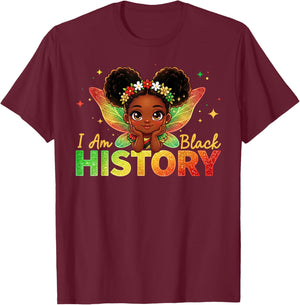 I Am Black History Month Cute Messy Bun Black Girl Fairy Kid T-Shirt - T-Shirt | Maroon