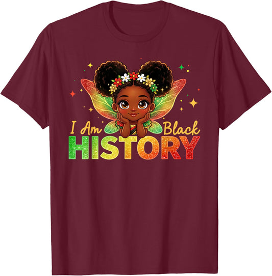 I Am Black History Month Cute Messy Bun Black Girl Fairy Kid T-Shirt - T-Shirt | Maroon