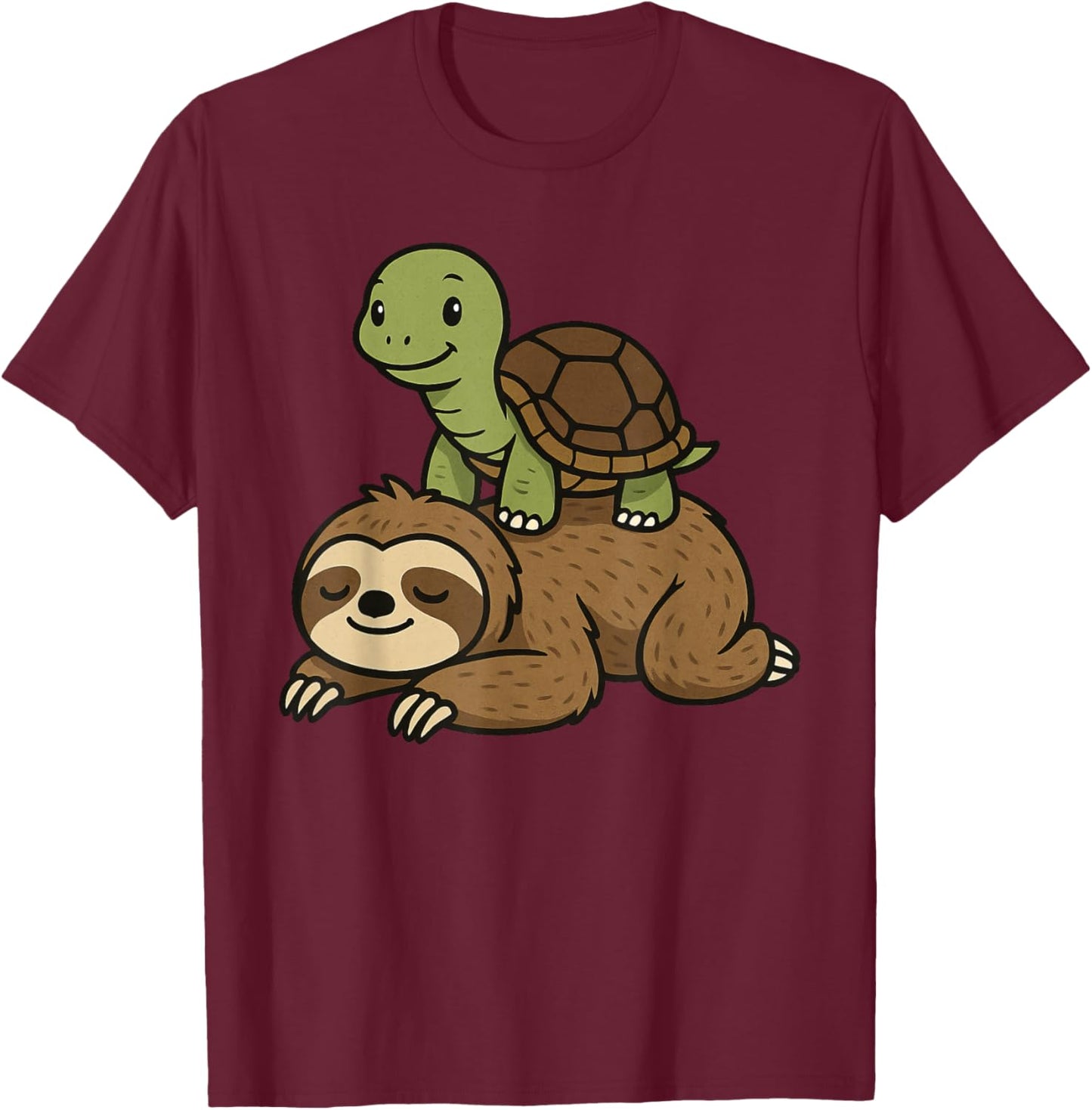 Turtle Sitting On A Sloth Funny T-Shirt - T-Shirt | Maroon