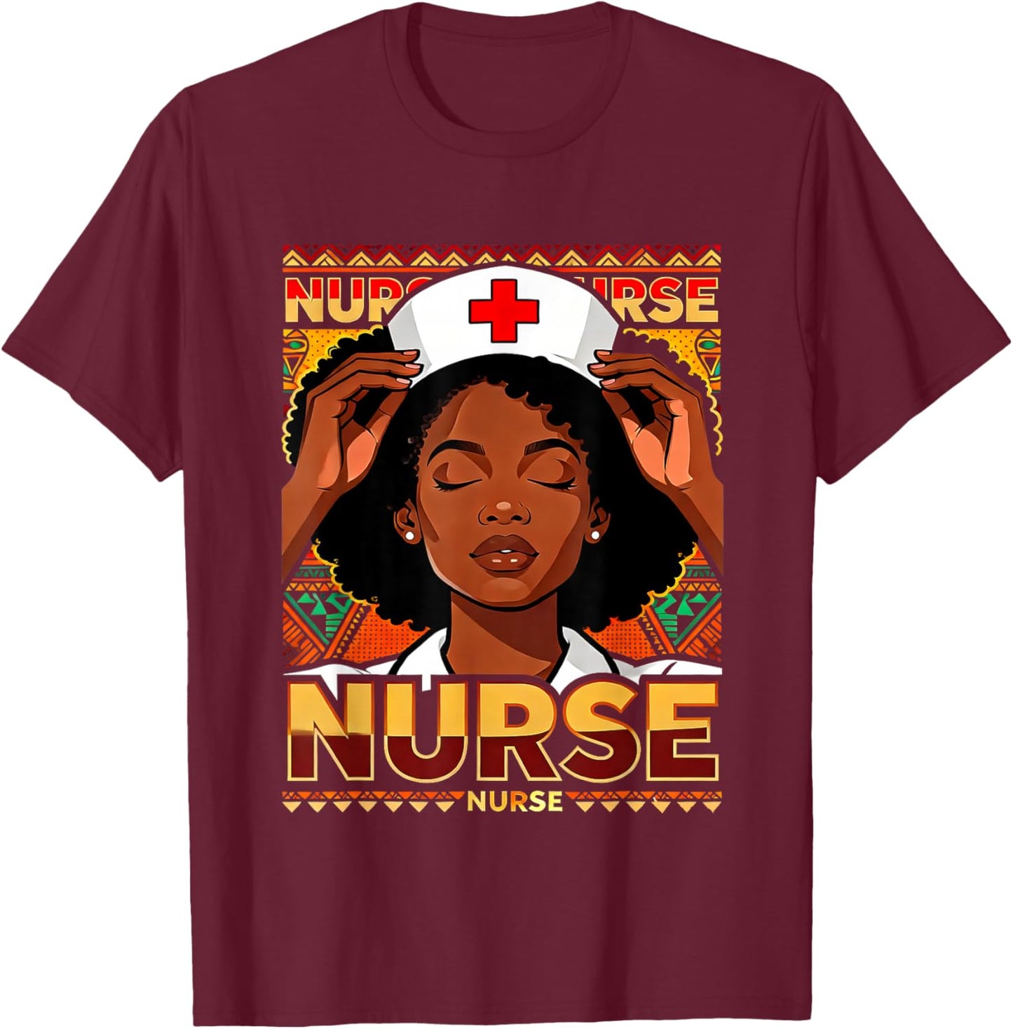 Afro Black Nurse Pride African Pattern RN LPN CNA T-Shirt - T-Shirt | Maroon