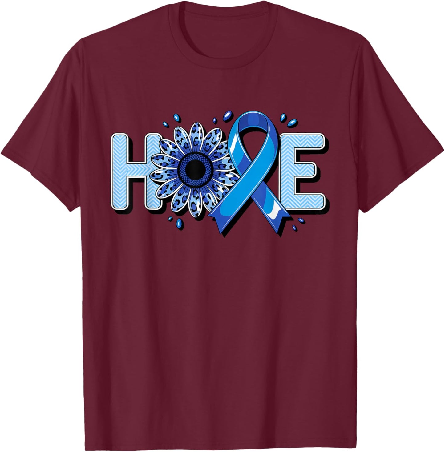 Colorectal Colon Cancer Awareness Hope Blue Ribbon Sunflower T-Shirt - T-Shirt | Maroon