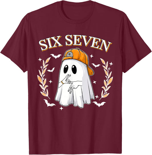 Six Seven 67 Meme Funny Ghost Halloween 6 7 Couple Matching T-Shirt - T-Shirt | Maroon