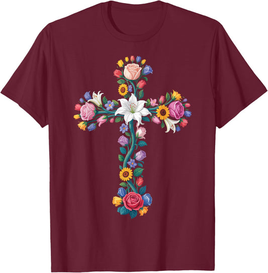 Cross Floral Christian Flower Religous T-Shirt - T-Shirt | Maroon