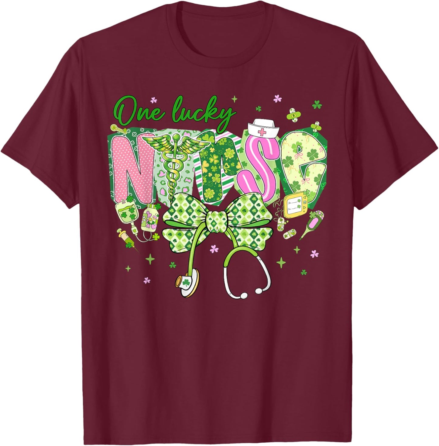 One Lucky Nurse St.Patrick's Day Coquette Bow Shamrock Women T-Shirt - T-Shirt | Maroon