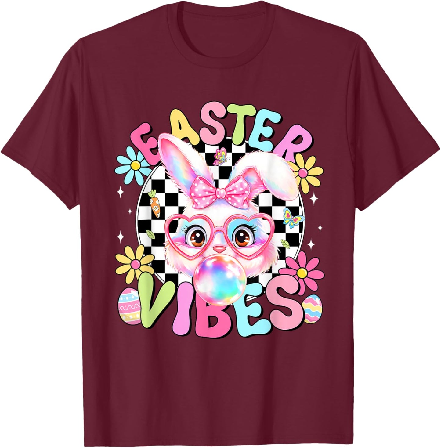 Happy Easter Vibes Cute Bunny Rabbit Bubble Gum Face Women T-Shirt - T-Shirt | Maroon