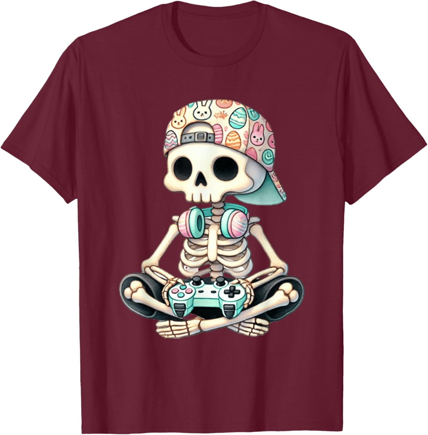 Easter Skeleton Gamer Video Gaming Easter Eggs Boys Men Kids T-Shirt - T-Shirt | Maroon