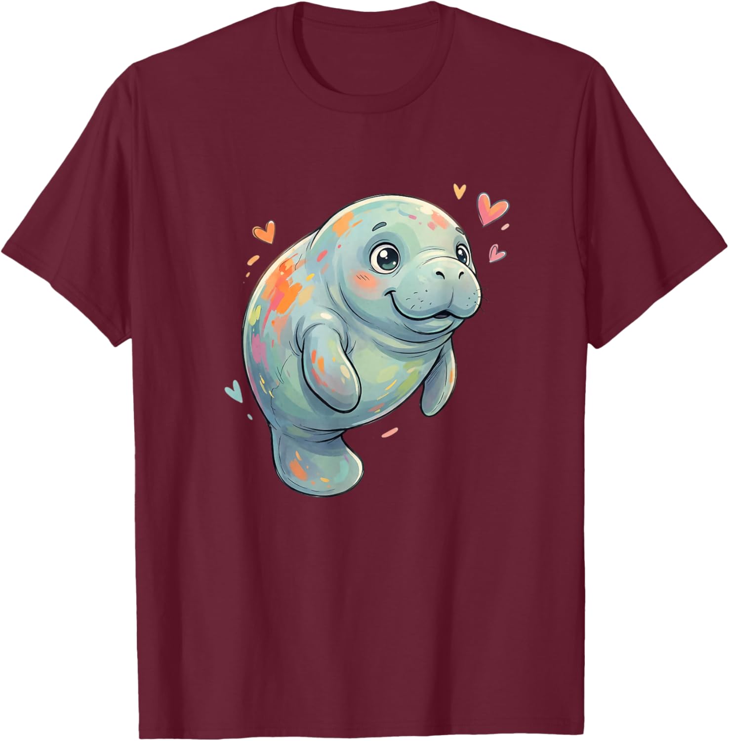 Adorable Colorful Manatee with Hearts Lovers T-Shirt - T-Shirt | Maroon