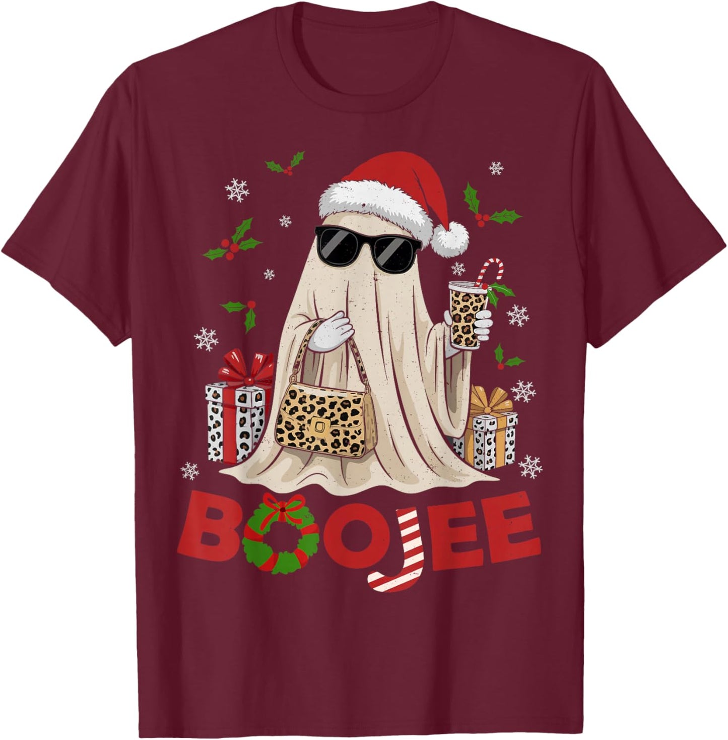 Ghost Santa Christmas Halloween Boo-JEE Leopard Coffee Funny T-Shirt - T-Shirt | Maroon