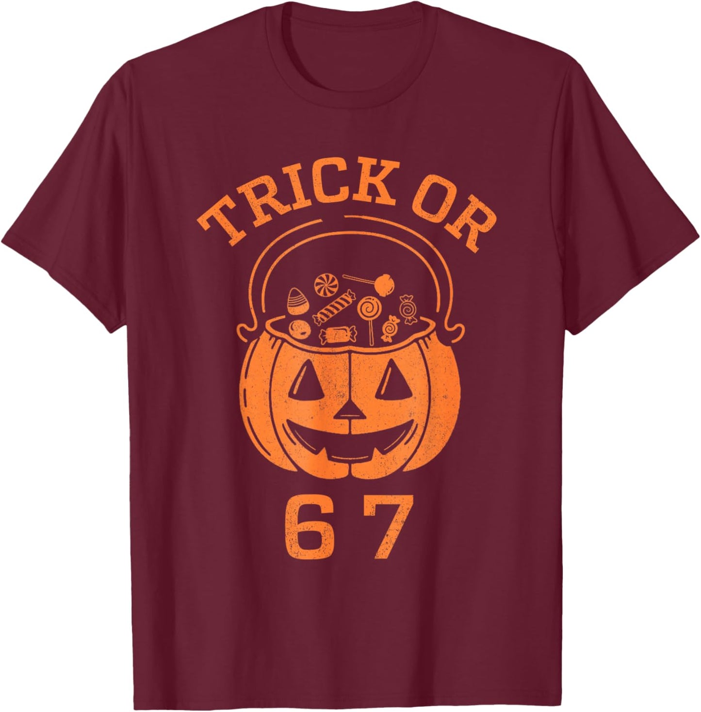 Funny 67 Six Seven Halloween Trick Or Treat Pumpkin Boys T-Shirt - T-Shirt | Maroon