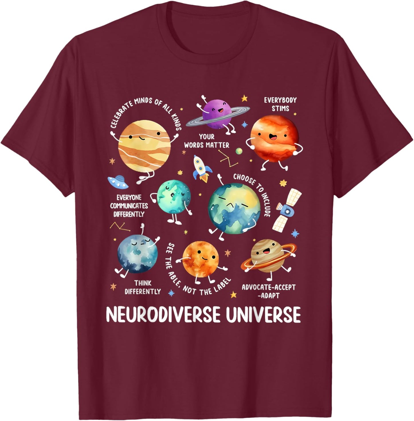 Funny Space Neurodiversity Universe SPED Autism Awareness T-Shirt - T-Shirt | Maroon