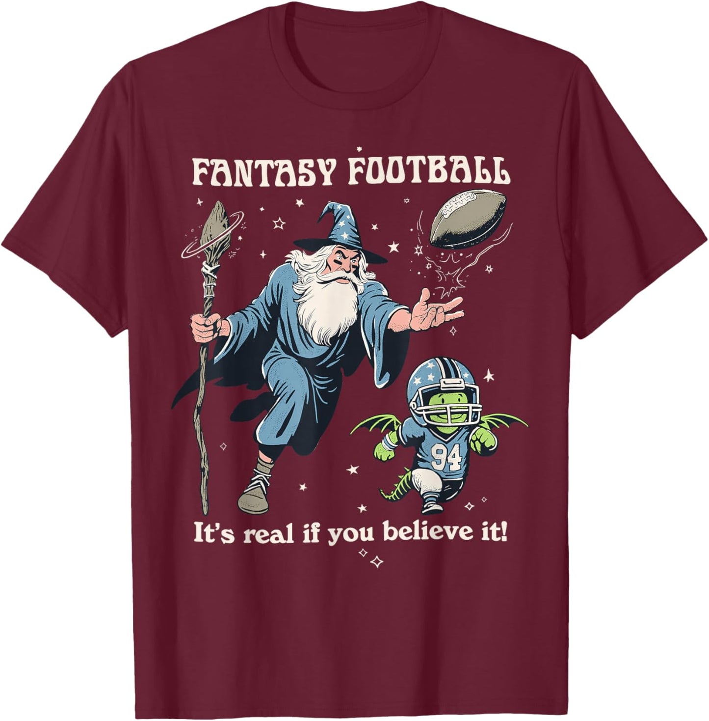 Funny Wizard Dragon Fantasy Football Player Literal Dad Joke T-Shirt - T-Shirt | Maroon