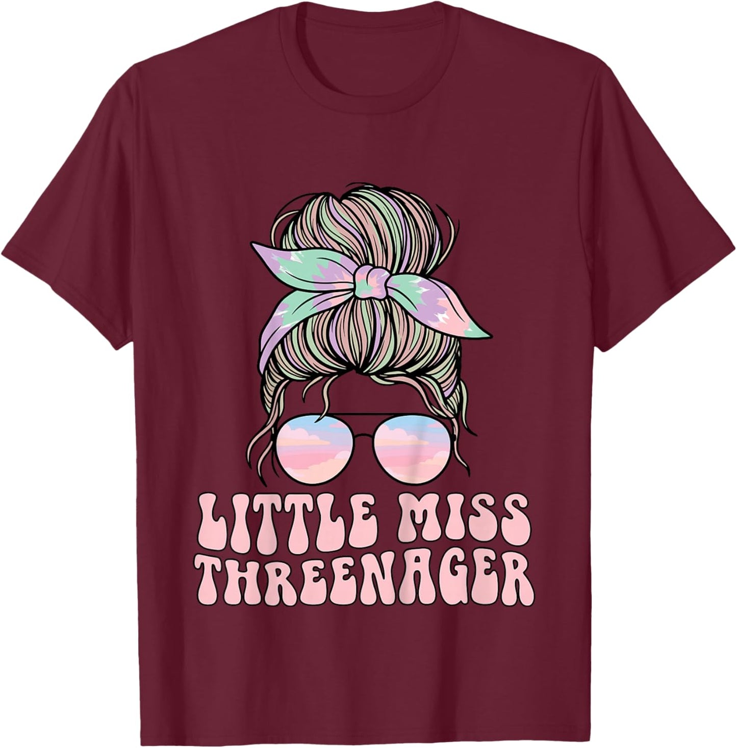 Messy Bun Miss Threenager 3rd Birthday 3 Years Girls Kids T-Shirt - T-Shirt | Maroon