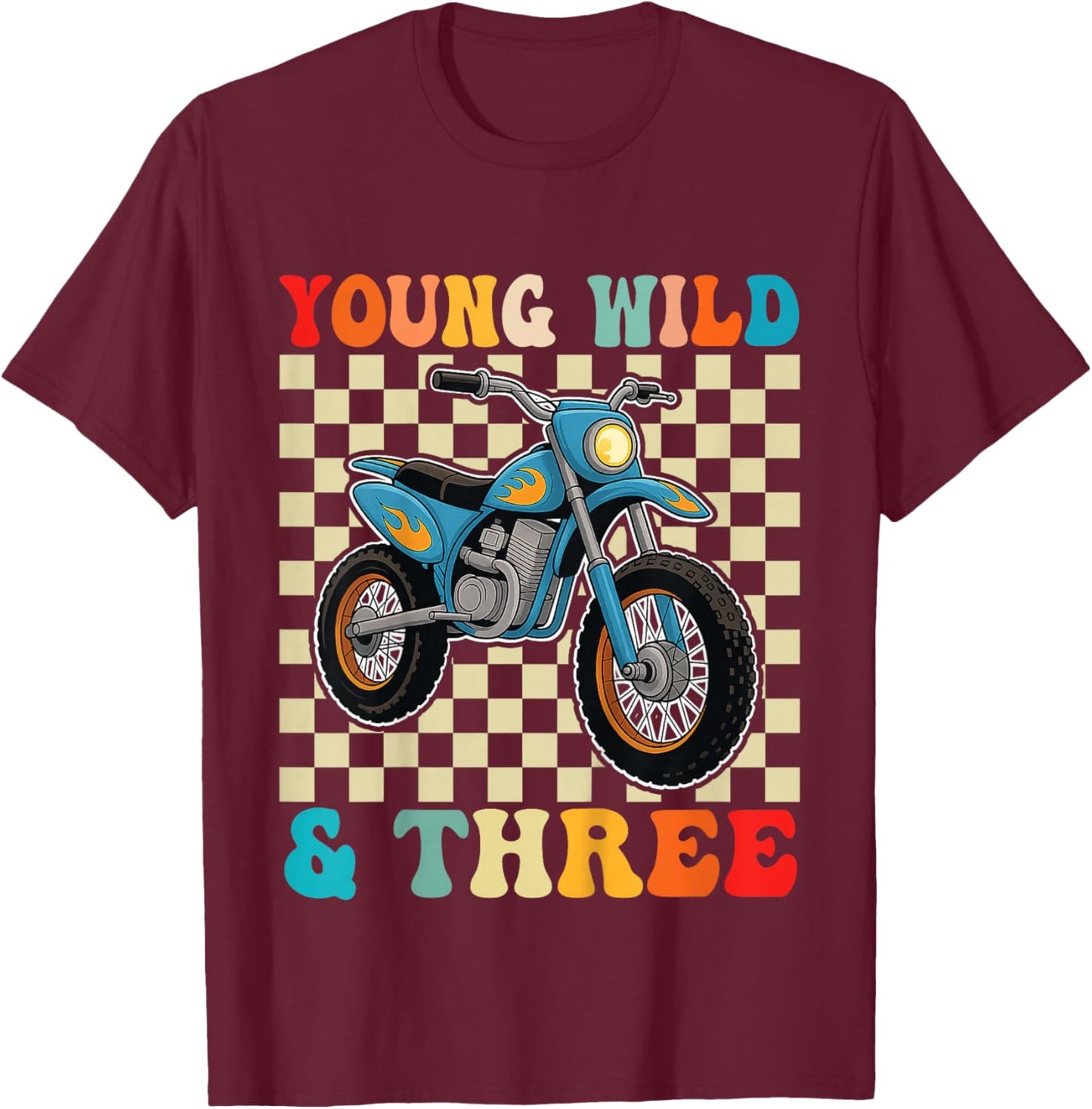 3rd Birthday Motocross Dirt Bike Young Wild and Three T-Shirt - T-Shirt | Maroon