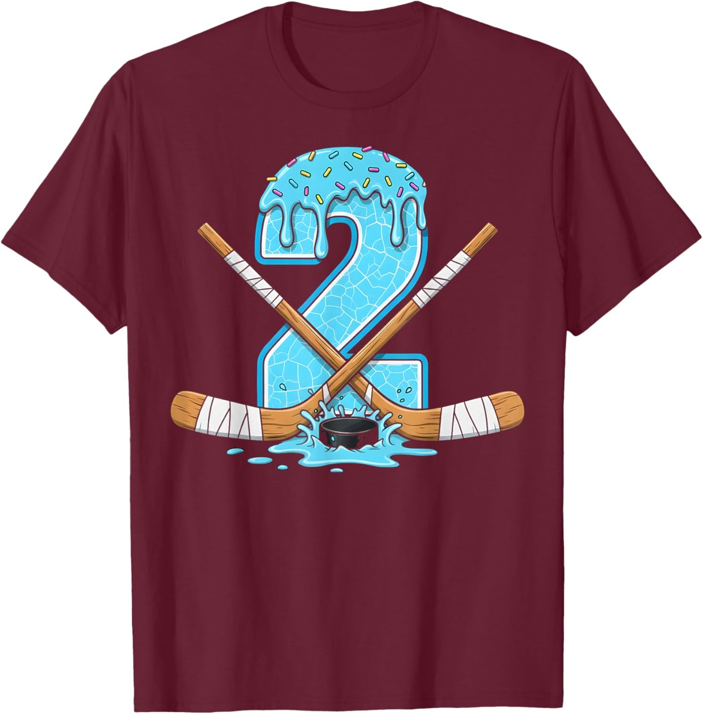 2 Year Old Hockey Ice Cream Drip Youth 2th Birthday Boys T-Shirt - T-Shirt | Maroon