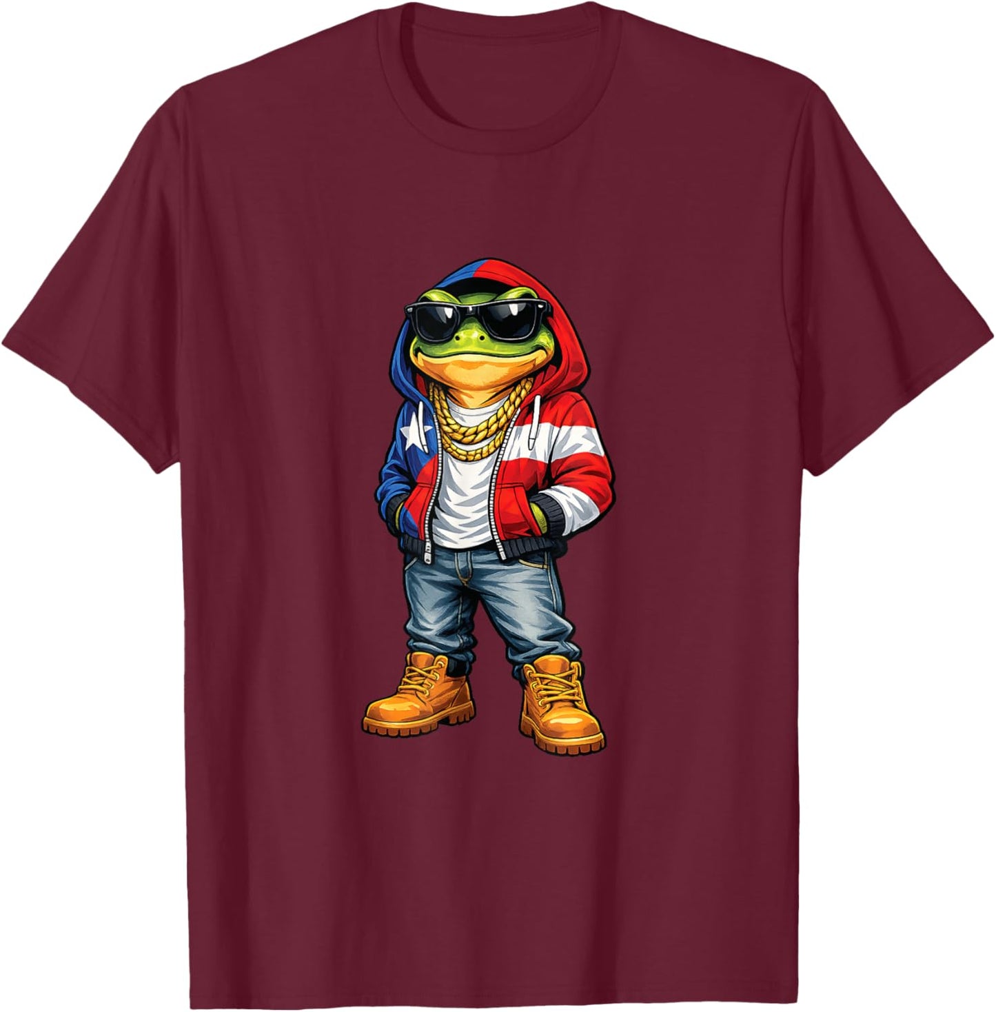 Cool Coqui Frog Puerto Rican Flag Funny Outfit Vibes Boricu T-Shirt - T-Shirt | Maroon