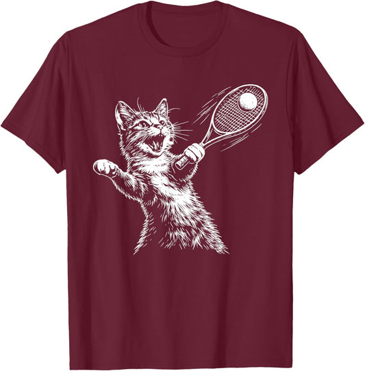Funny Cat Tennis T-Shirt - T-Shirt | Maroon