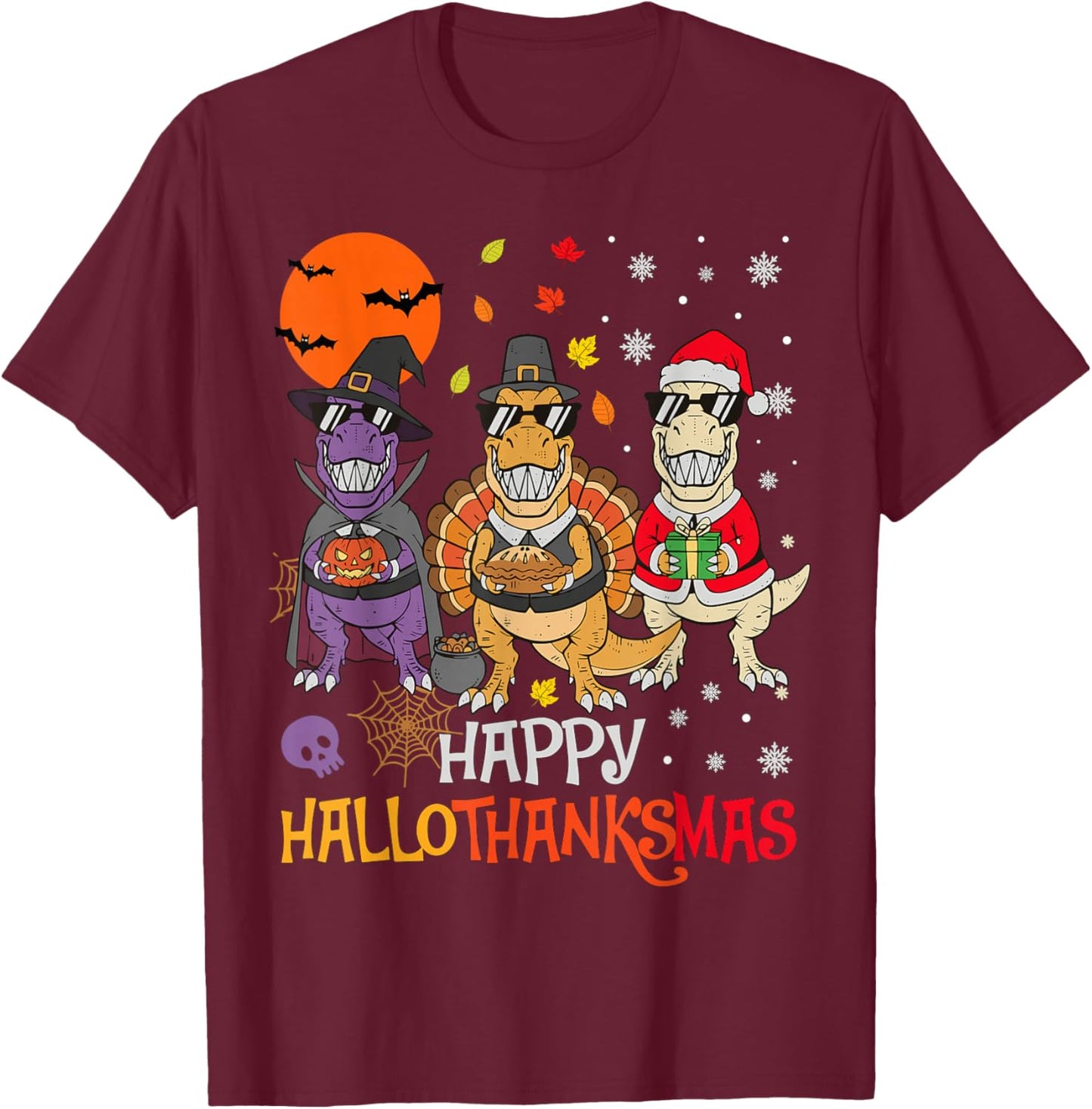 Happy Hallothanksmas Funny Dinosaur Lover Men Women Kids T-Shirt - T-Shirt | Maroon