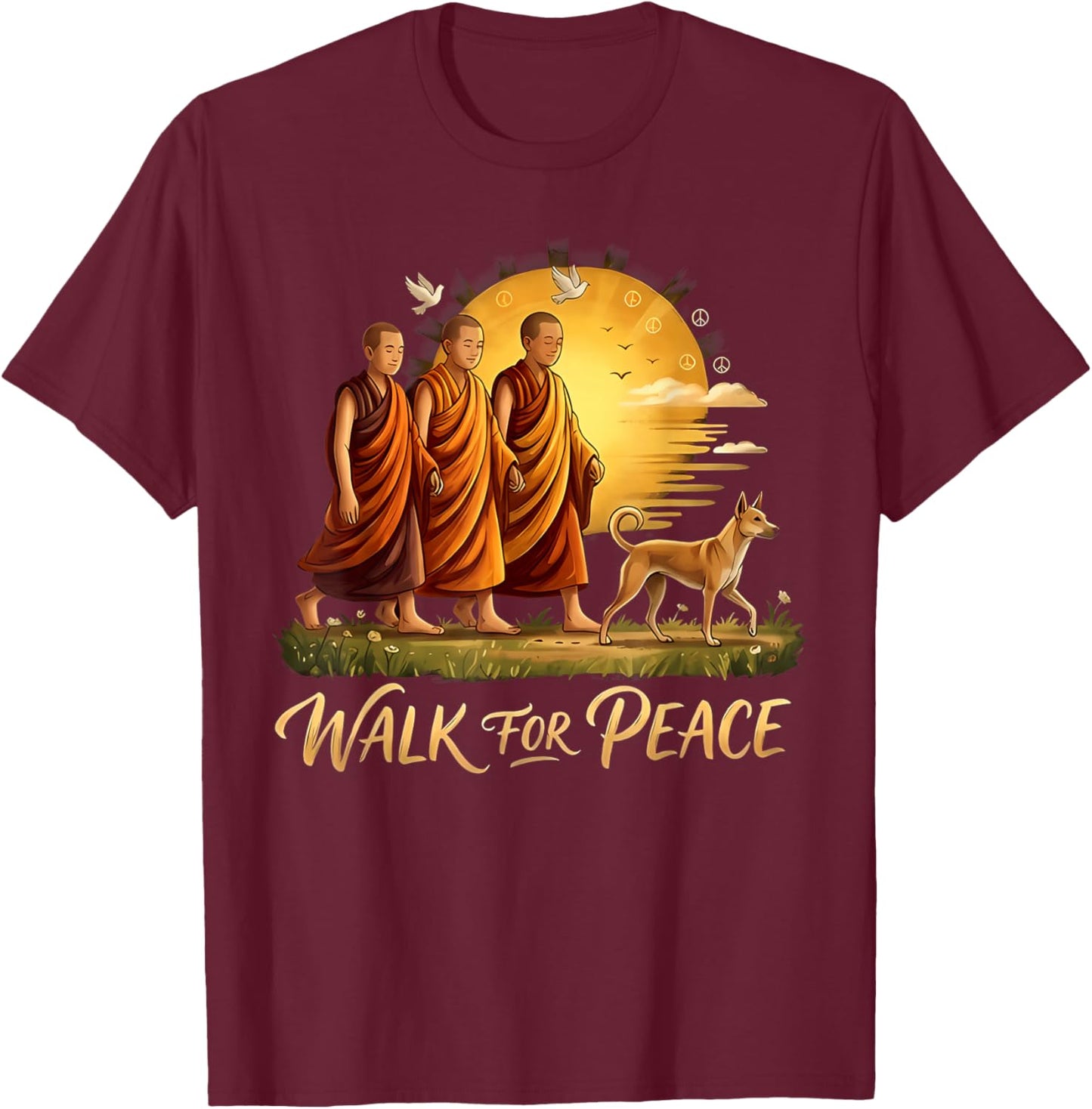 Walk for Peace Monks with Aloka Dog Sunset Peace Sign Art T-Shirt - T-Shirt | Maroon