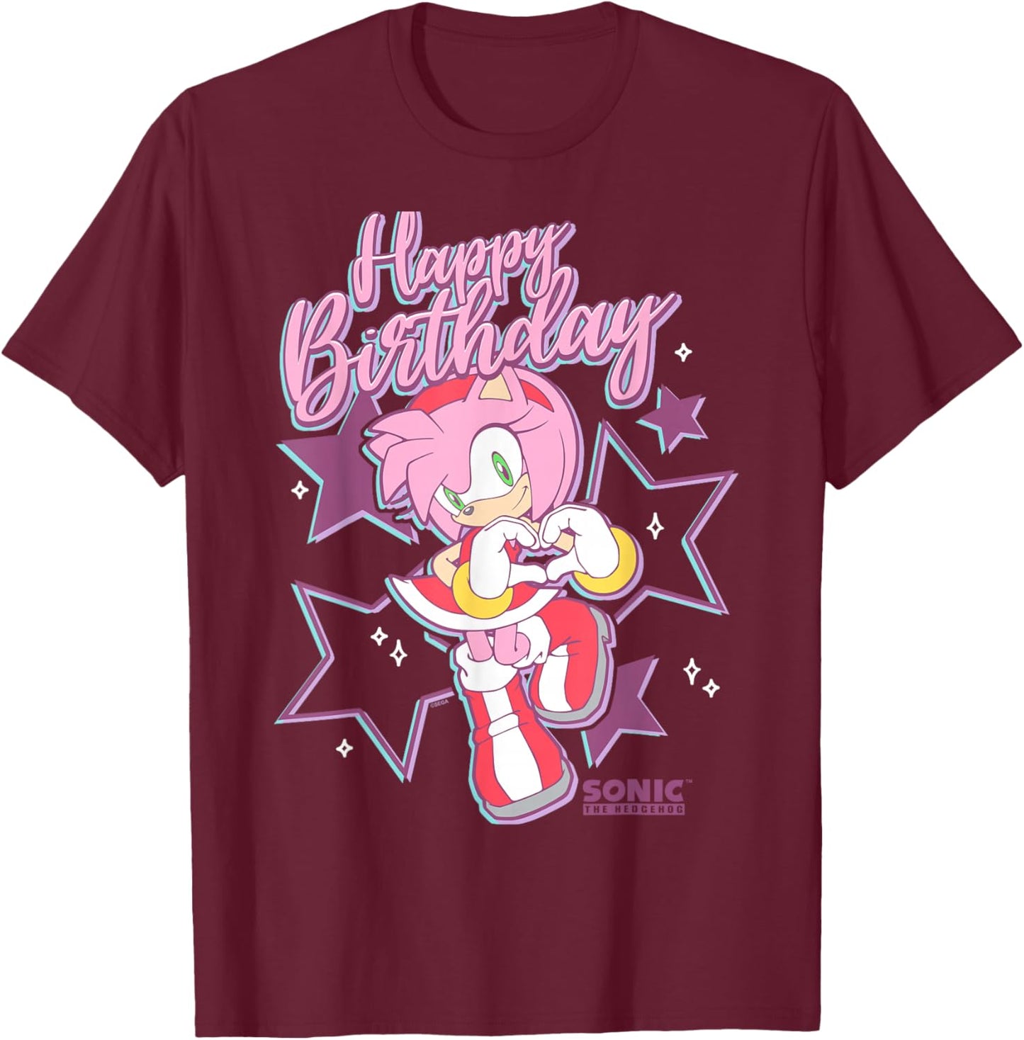Sonic The Hedgehog Happy Birthday Amy Rose Hearts & Stars T-Shirt - T-Shirt | Maroon