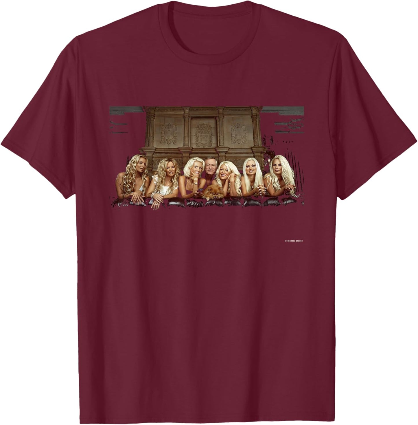 Hugh HEFNER & Playboy Bunnies 2002 by Michael Grecco T-Shirt - T-Shirt | Maroon
