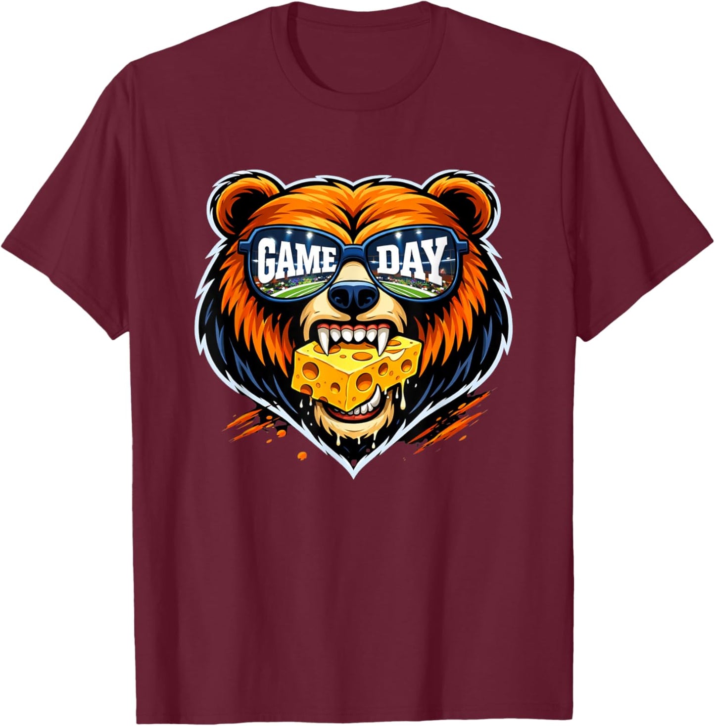 Bear Eating Cheese Game Day Sunglasses Retro T-Shirt - T-Shirt | Maroon