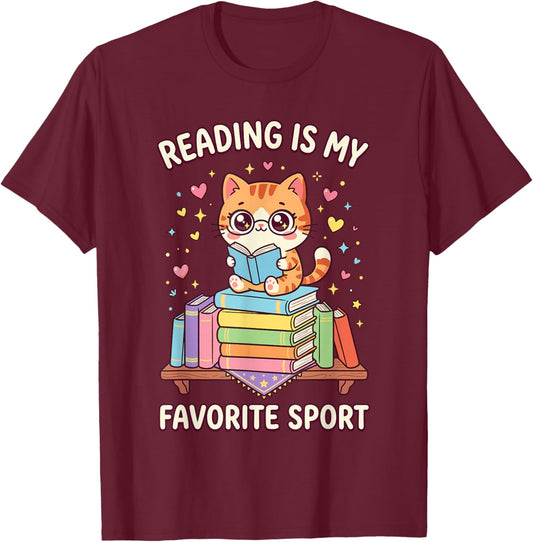Reading is My Favorite Sport Cute Kawaii Cat Bookworm Kids T-Shirt - T-Shirt | Maroon